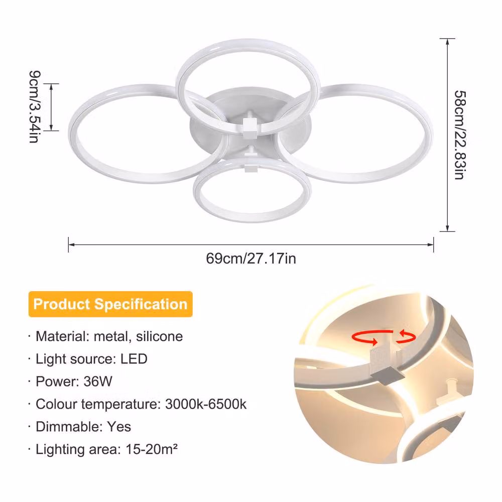 Pheashine 39W LED Ceiling Light, Dimmable 4-Ring Modern Fixture with Remote Control, White – 2