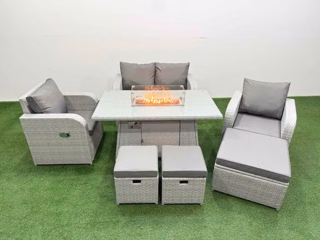 Fimous 7 Seater Light Grey PE Wicker Rattan Garden Furniture Set with Reclining Chairs, Firepit and Dining Table