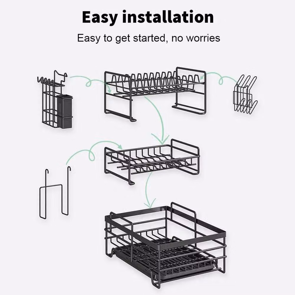 PAWNORA 3 Tier Metal Kitchen Dish Drainer Rack with Drip Tray and Cutlery Holder, Black – 4
