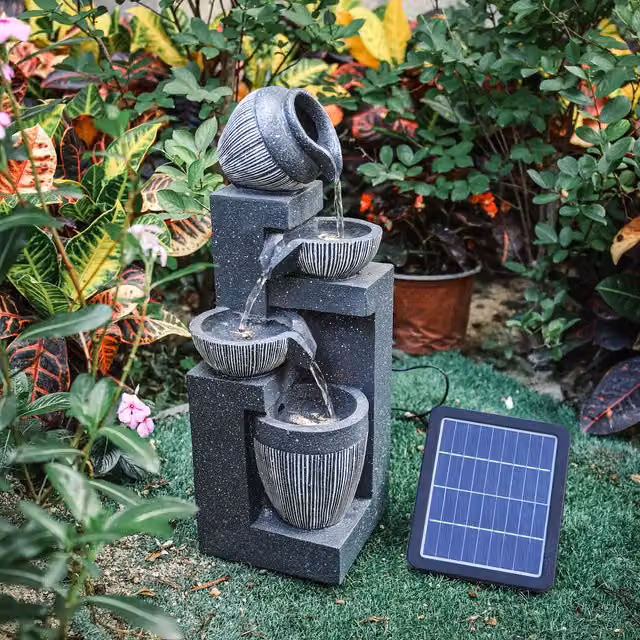 Livingandhome Solar-Powered Stone Cascade Water Feature with Bowl and Jar Elements in Grey
