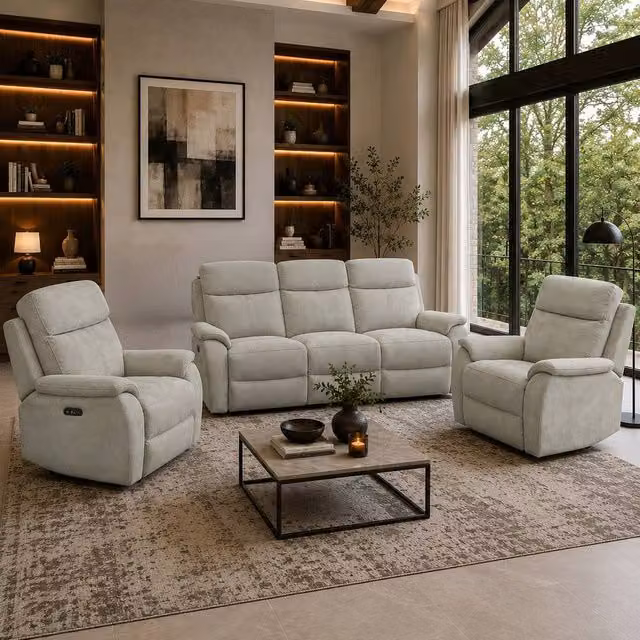 Aspire Richmond Power Recliner Sofa Set in Grey Chenille, featuring a 3-Seater Sofa and Two Armchairs with USB Charging – 1