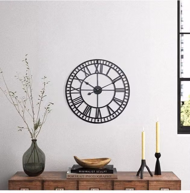 H&O Direct Black Metal Industrial Round Roman Numeral Skeleton Wall Clock, Diameter: 40 cm
