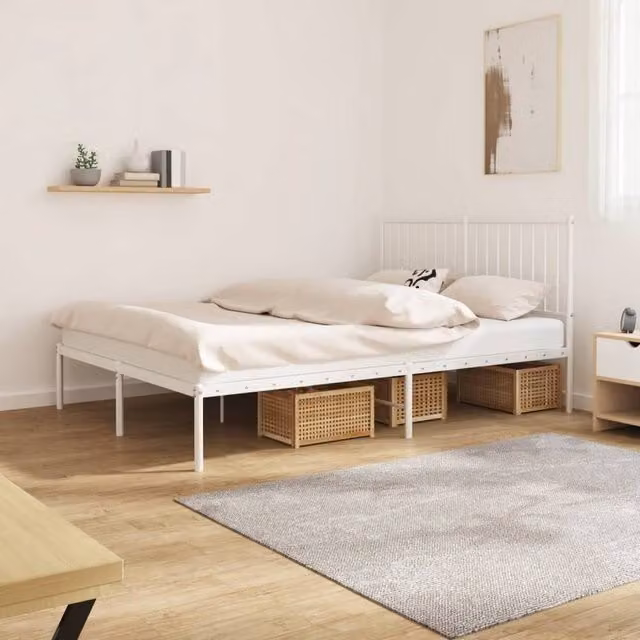 Berkfield Home Metal Bed Frame with Headboard in White, W/D/H: 135 x 190 cm Double