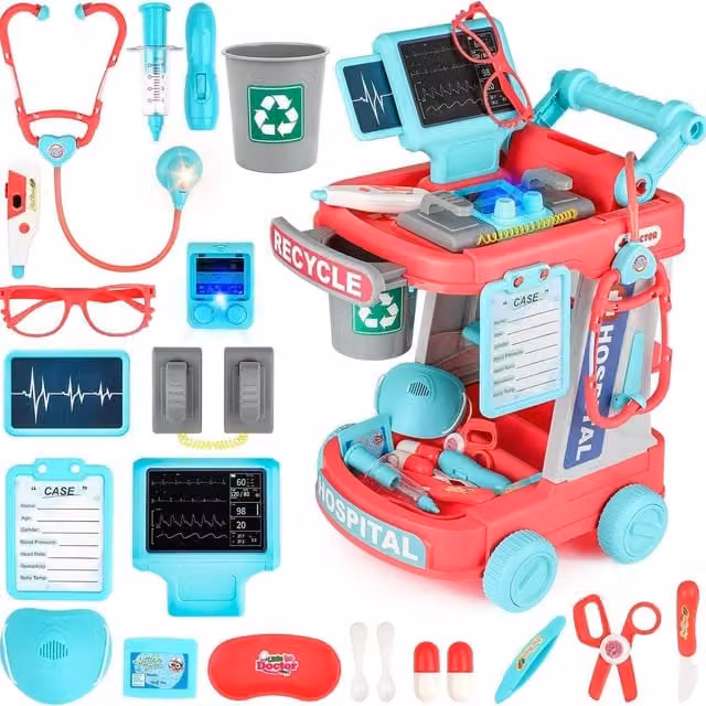 deAO Doctor Care Medical Station Trolley Playset in Pink, BPA-free Plastic