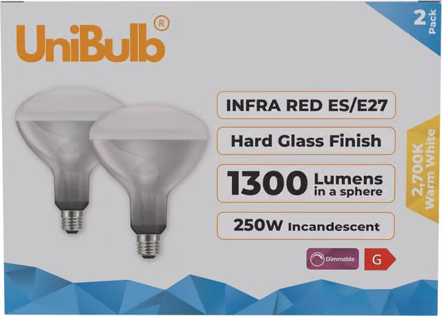 UniBulb Infra Red Heater Lamp E27, 250W, 1300lm, 2700K Warm White