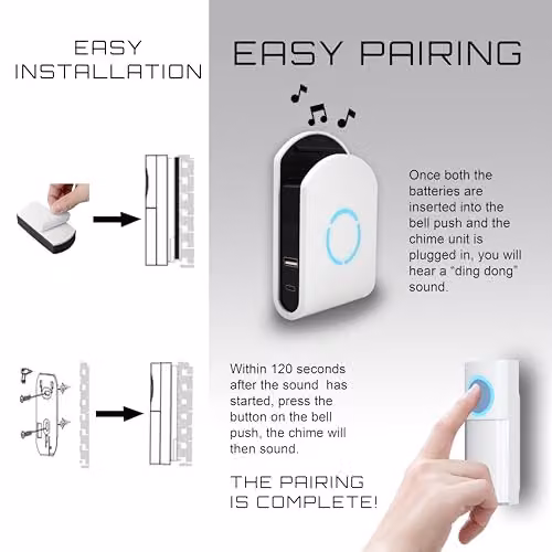 Uni-Com Wireless Plug-in Door Chime with Built-in USB-A and USB-C Charger, 200m Operating Range, 30 Chimes and LED Alert, White – 4