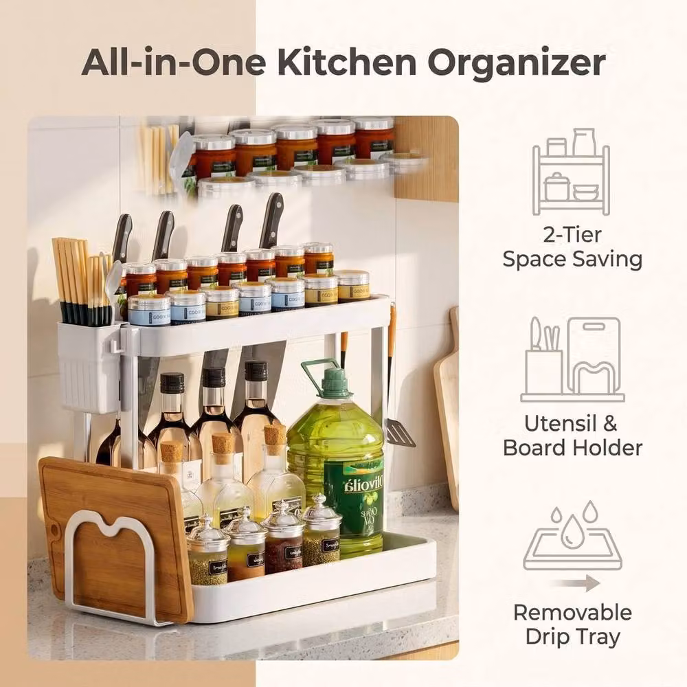FORGEVIO White 2 Tier Metal Spice Rack Organiser with Chopping Board – 2