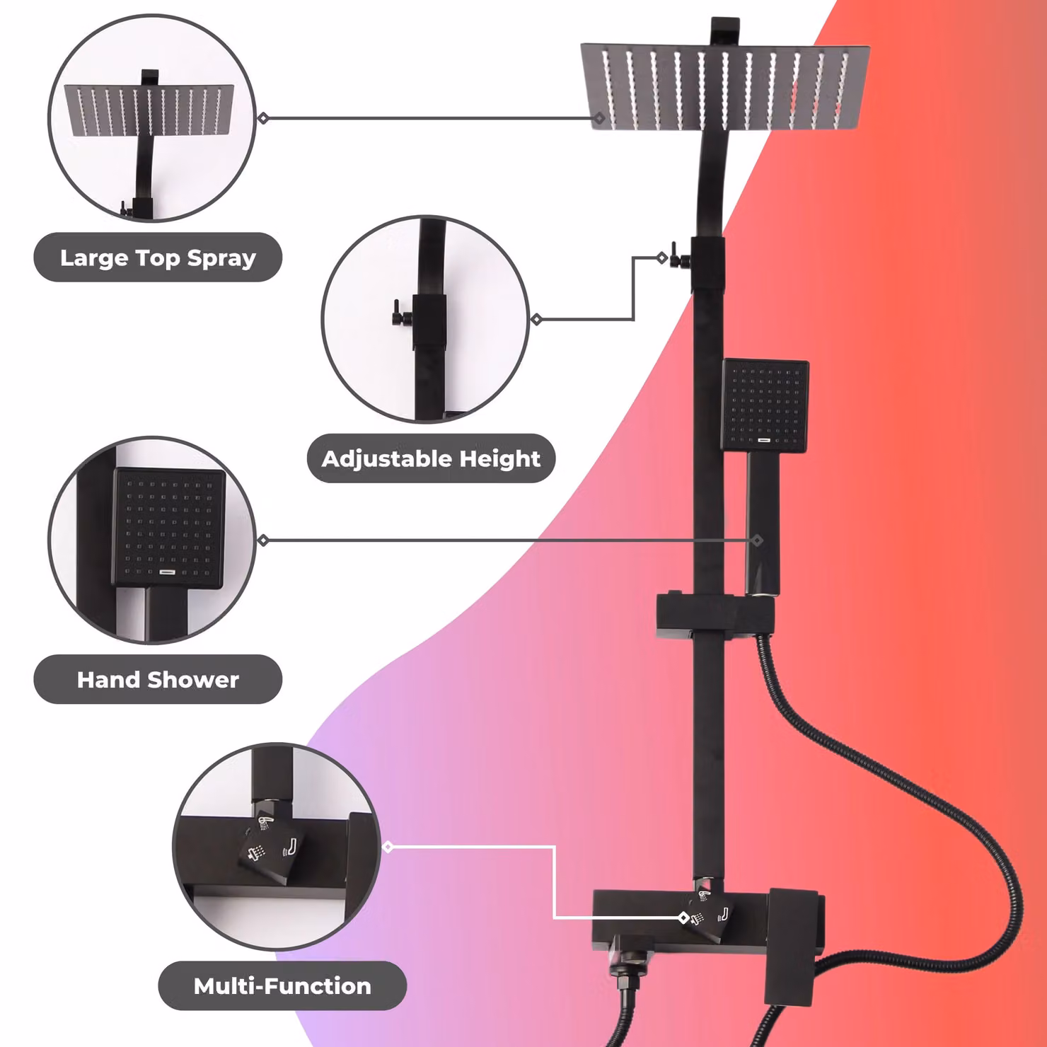 Novecrafto Modern Shower Mixer Set in Matt Black with Rainfall Overhead Shower, Handheld Shower and Wall Bar – 2
