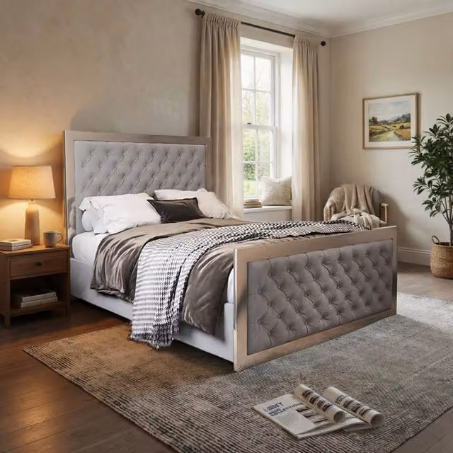 KDMD Mawdesley Single Designer Bed Frame in Grey Velvet and Metal