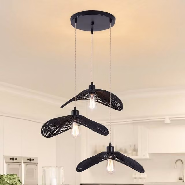 Garwarm Industrial 3-Light Rattan Farmhouse Cluster Pendant Light in Black