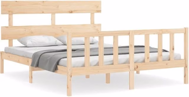 Berkfield Home King Size Solid Wood Bed Frame with Headboard in Sand Beige, W/D/H: 180 x 200 cm
