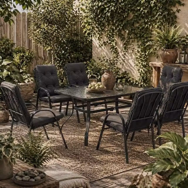 Wyld Haus Sahale 6 Seater Black Garden Dining Set with Glass Table and Padded Cushions