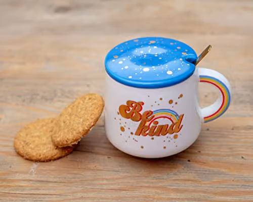 Boxer Gifts Be Kind Rainbow Themed Mug Set with Lid in Multicolour, Gold and White – 2
