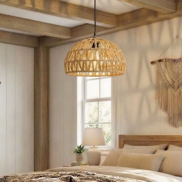 Emitto Boho Hemp Rope Dome Ceiling Pendant Light Shade in Yellow and Beige, Diameter: 23 cm