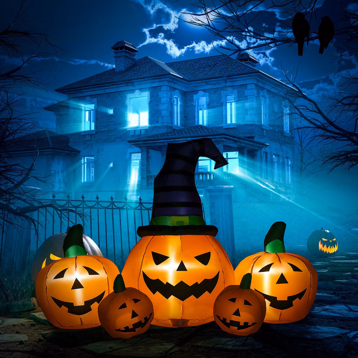 Outsunny 6ft Inflatable Halloween Large Pumpkin in Hat with Four Small Pumpkins, Orange LED Blow-Up Outdoor Decoration – 2