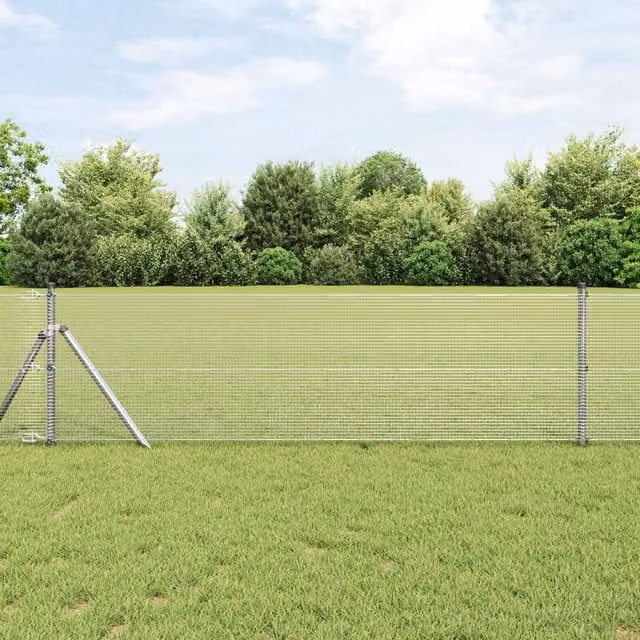 Berkfield Home Silver Galvanised Steel Welded Wire Fence with 7 Round Posts, W: 10 m, H: 0.8 m