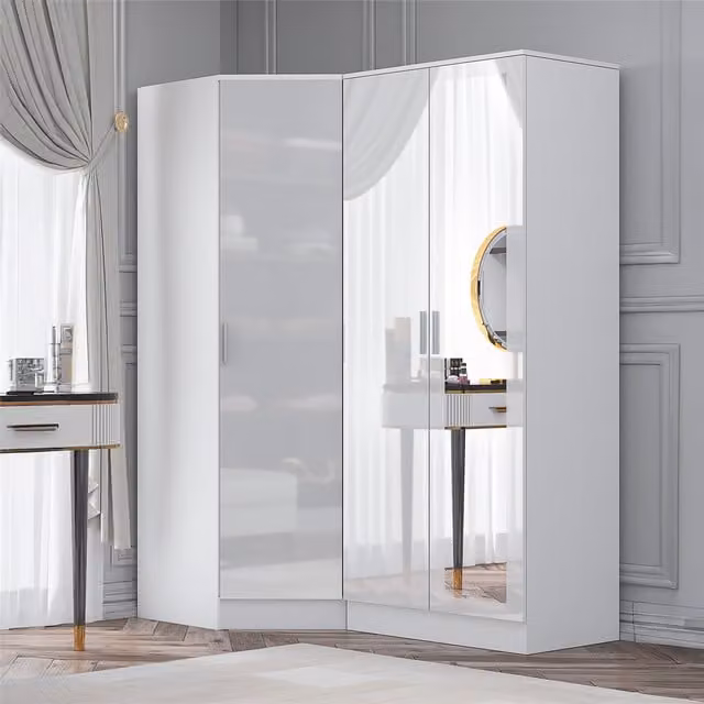 REFLECT Wardrobe Bundle featuring 1 Door Corner Wardrobe and 2 Door Mirror Wardrobe in White Gloss and Matt White