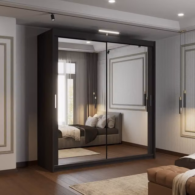 Sliding Wardrobes 4u Modern Sliding Door Wardrobe with Mirror, Shelves, Hanging Rail and Integrated LED Lighting, White and Black, W/D/H: 150 x 40 x 217 cm