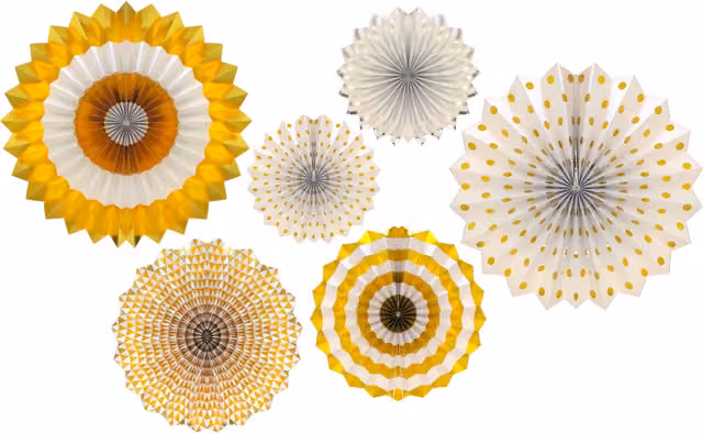 Peacock Supplies Six Pack of Gold Geometric Round Hanging Paper Fans for Parties, Weddings and Birthdays