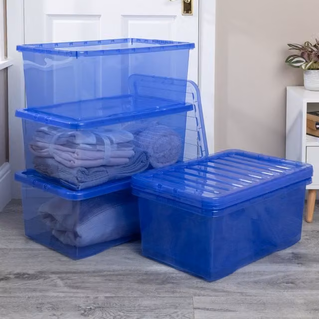 Wham Crystal Stackable Plastic Storage Boxes with Lids, 45 l, Set of 5, Spectrum Blue
