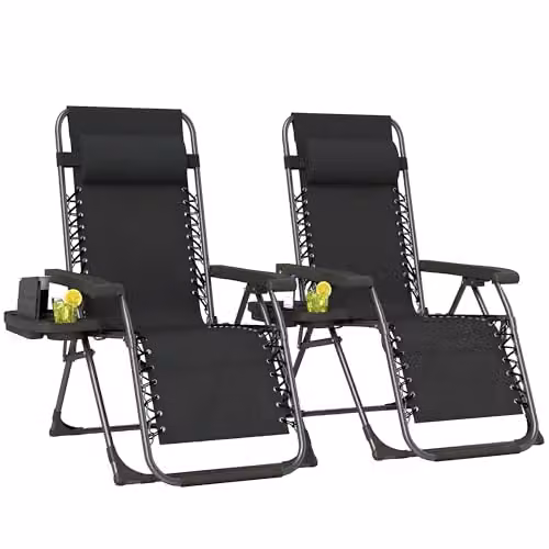 Outsunny Set of 2 Black Zero Gravity Garden Chairs with Adjustable Headrest, Side Tray and Cup Holders – 1