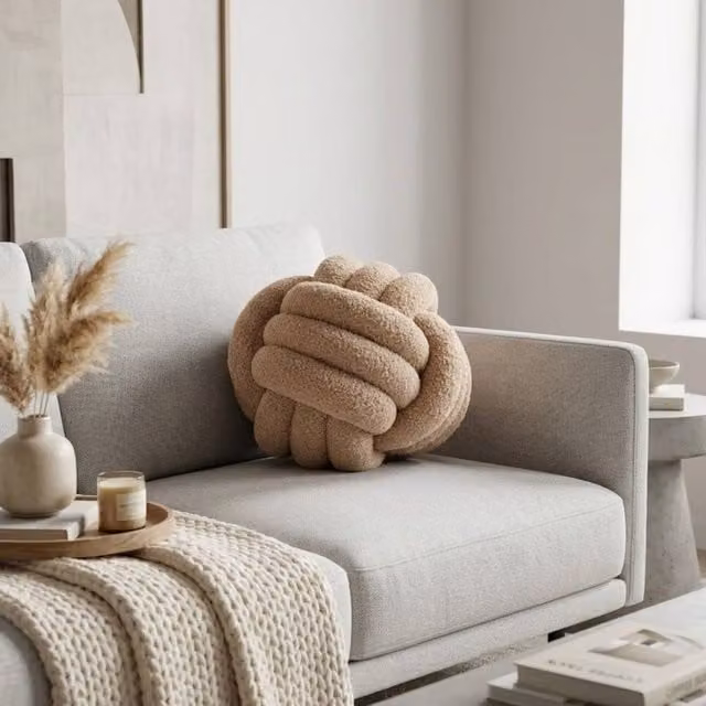 Garden Greatness Round Teddy Knot Cushion in Beige, W/D/H: 30 x 30 x 30 cm
