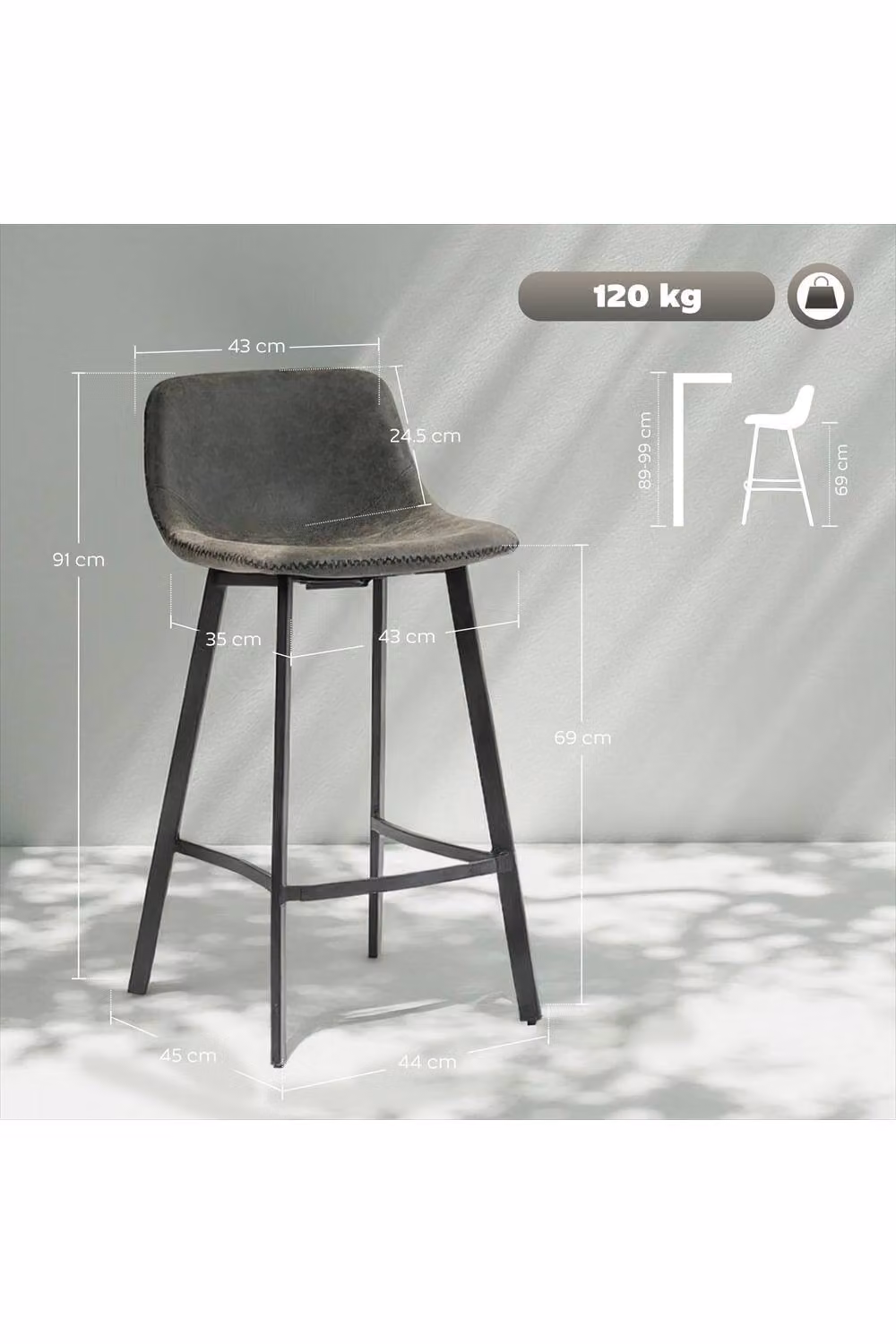 ERGOVEXA Set of 2 Grey PU Leather Bar Stools with Backrest – 2