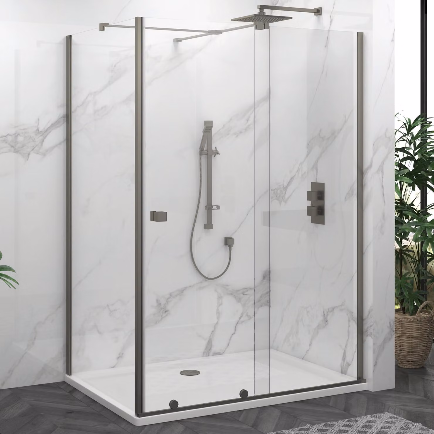 Luton Rectangular Wet Room Sliding Shower Screen Enclosure with Tray, 8mm Easy Clean Glass, Gun Metal Grey, W: 140 cm, H: 195 cm