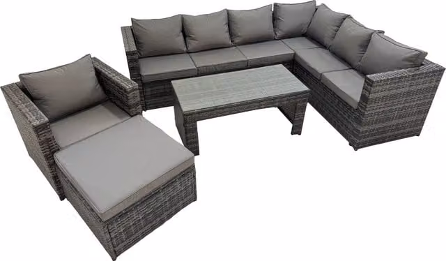 Fimous 8-Seater Dark Grey Mixed Rattan L-Shape Corner Sofa Set with Ottoman and Tempered Glass Coffee Table