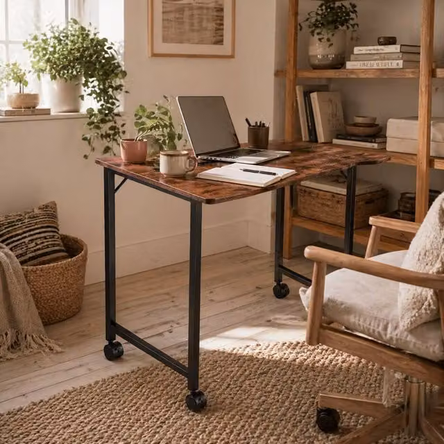 Wyld Haus Zika Rustic Brown Folding Writing Desk with Lockable Castors W: 80 cm, H: 75 cm, D: 63 cm