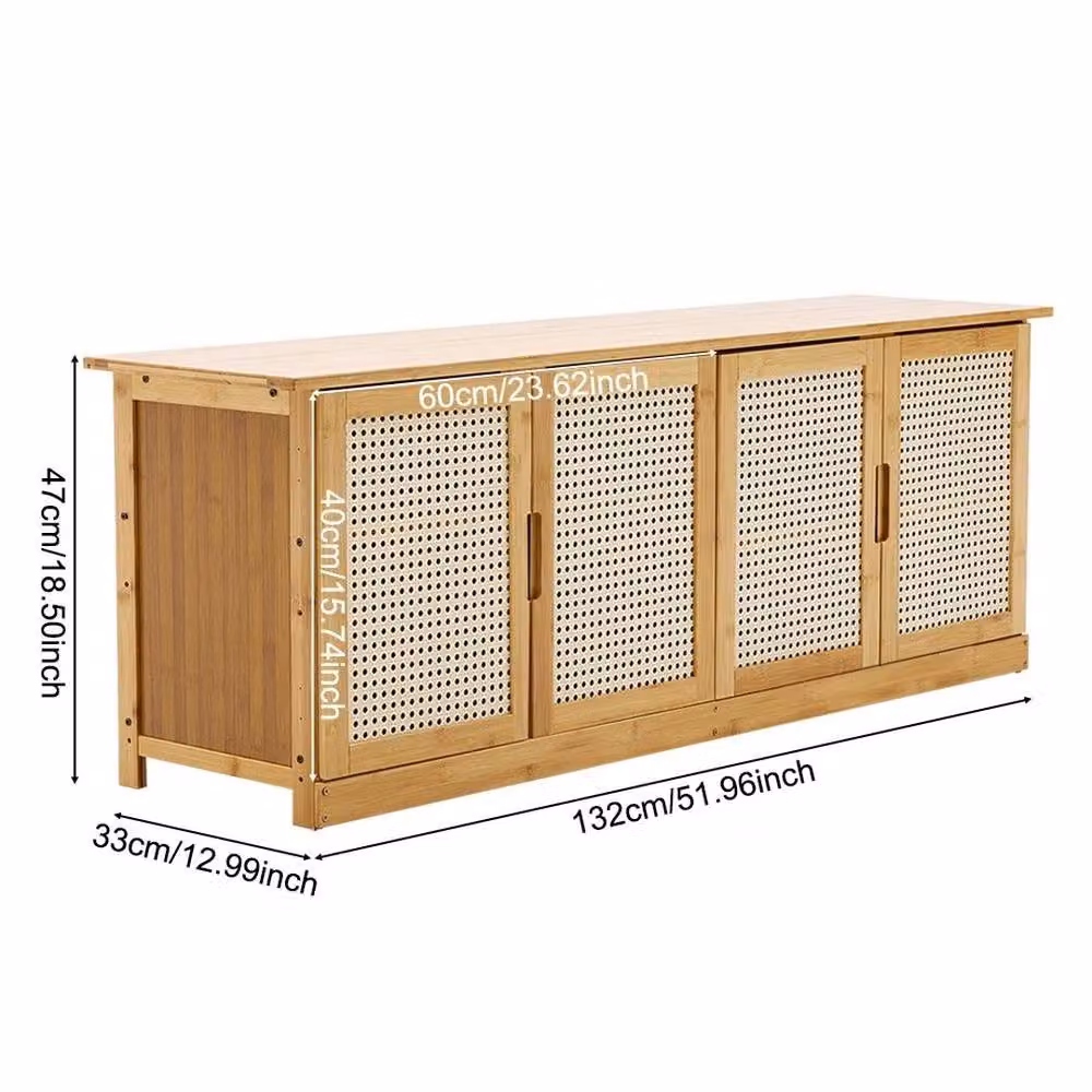 KORVIXA Brown Wooden Shoe Cabinet and Storage Bench with Rattan Detail, Width: 100 cm – 2