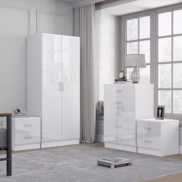 REFLECT Bedroom Furniture Bundle featuring 2-Door Plain Wardrobe, Chest of Drawers and 2 Bedside Tables in White Gloss and Matt White