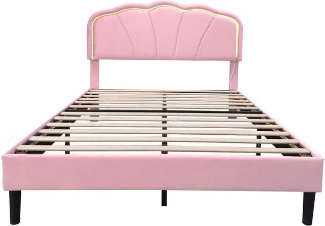 FORGEVIO Upholstered Cot Bed Frame in Pink with Adjustable Headboard