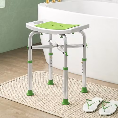 HOMCOM Adjustable Green Shower Stool with Non-Slip Drainage Seat for Seniors and Disabled – 3