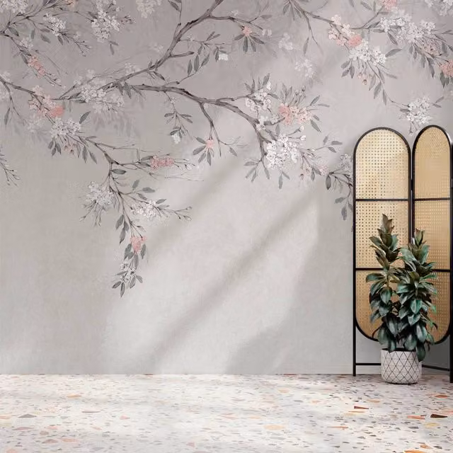 Superfresco Easy Blossom Trail Grey and Pink Floral Wall Mural, W: 300 cm, H: 280 cm