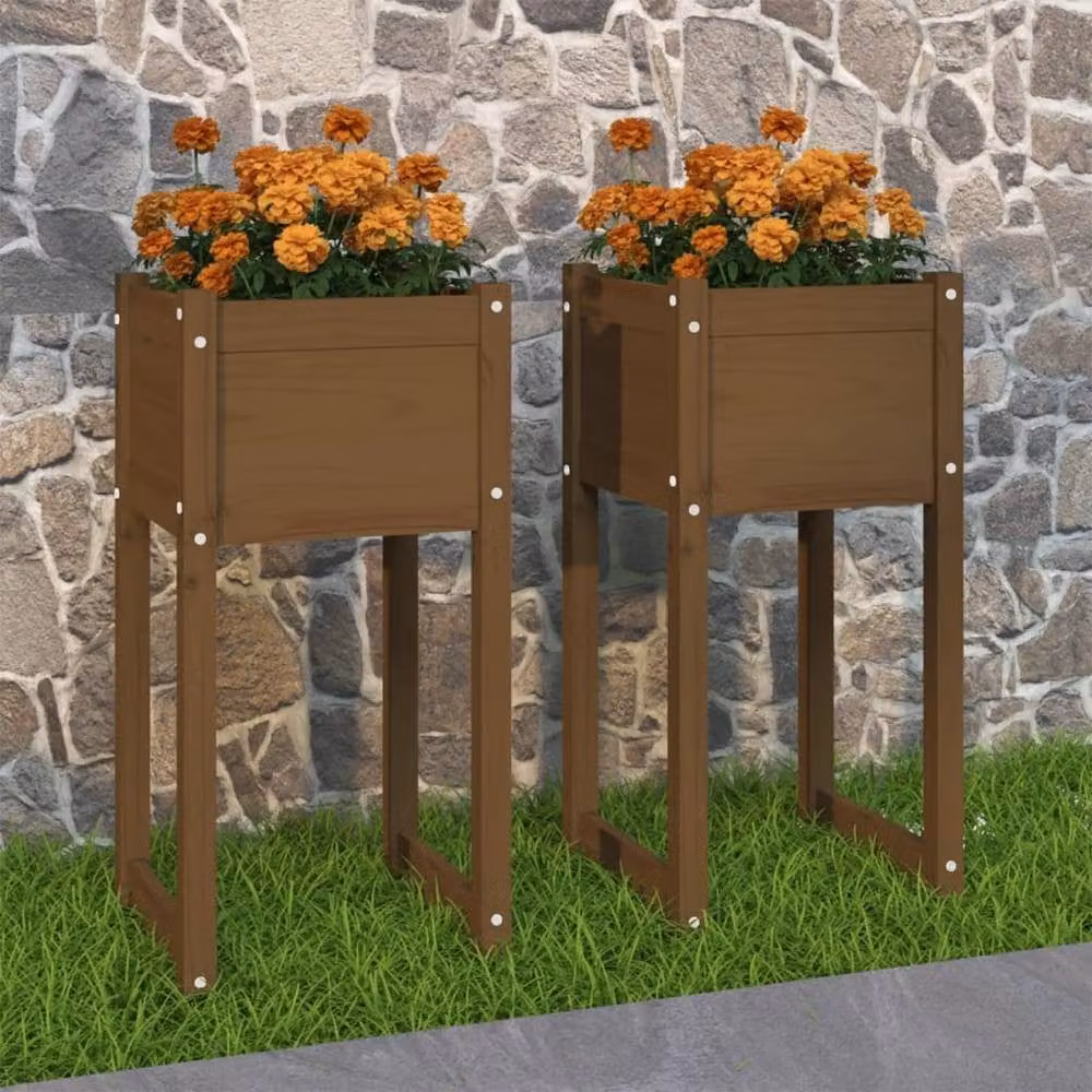 Berkfield Home Set of 2 Brown Solid Wood Pine Planters, W/D/H: 40 x 40 x 81 cm – 2
