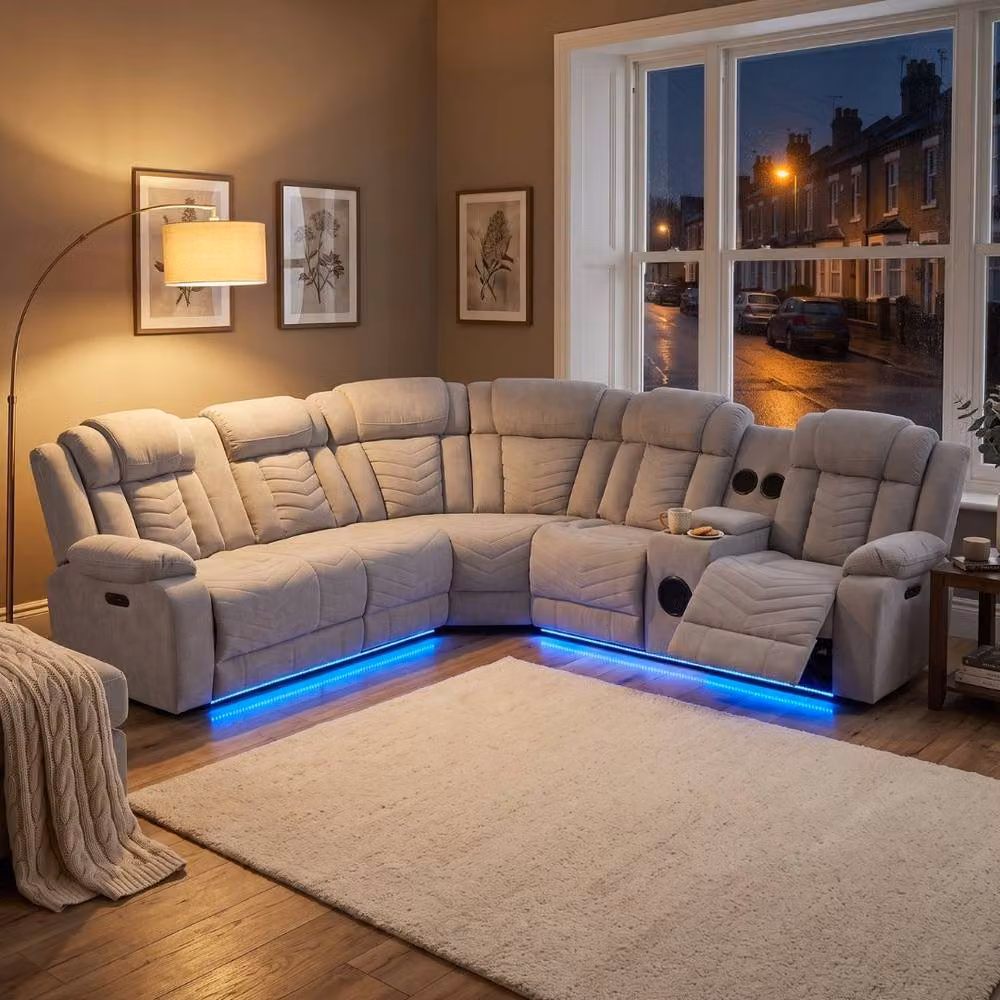 HOME LUXE INTERIOR Rico Grey Fabric Electric Recliner Corner Sofa with LED Lighting, Bluetooth, USB Charging and Cup Holders – 4