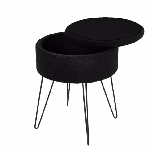 OHS Black Boucle Fabric Round Footstool with Storage and Hairpin Legs, W/D/H: 37 x 37 x 45 cm