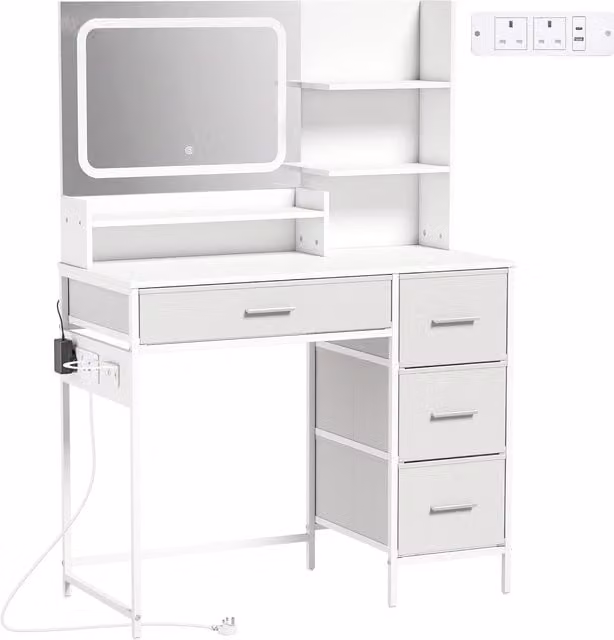 HOMCOM White Modern Dressing Table with 3-Colour LED Mirror, Power Outlet, USB Charging Port, 4 Drawers and 5 Shelves