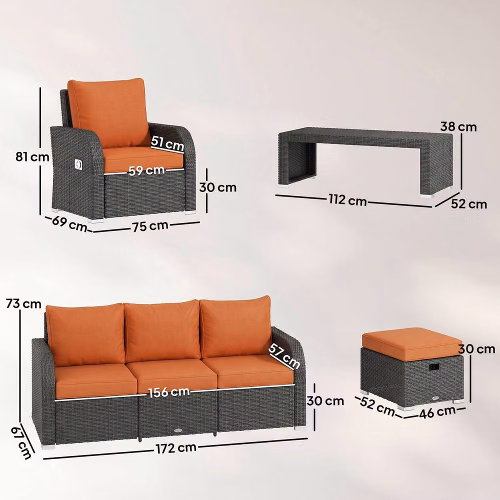 ERGOVEXA Six-piece Rattan Garden Furniture Set with Orange Upholstered Cushions and Powder Coated Steel Frame – 2