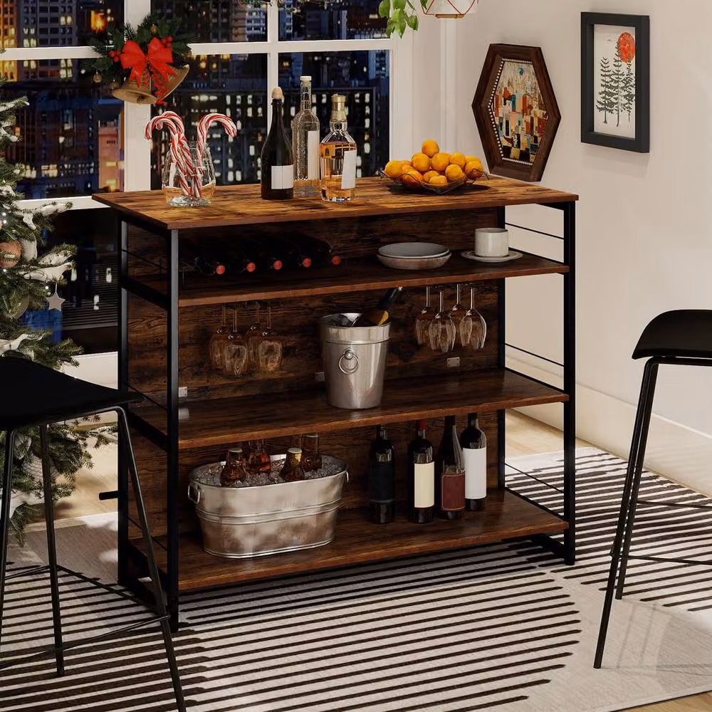 Costway 2-in-1 Industrial Home Bar Unit and Wine Cabinet with 4 Shelves and 4-Row Glass Holders in Brown – 3