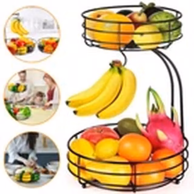 Havendro 2 Tier Fruit Basket with Detachable Hanger Bowls in Black