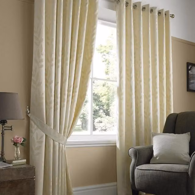 Tivoli Floral Jacquard Fabric Panel Curtains in Beige and Yellow, W: 168 cm, H: 183 cm