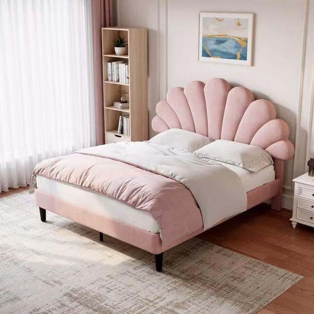 BTM Pink Velvet Upholstered Single Bed Frame with Adjustable Chic Petal Headboard, W/D/H: 90 x 200 cm
