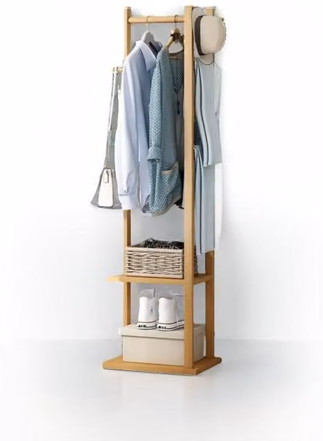 Modcraft Minimalist Bamboo Coat Stand with Dual Hook and Rail in Brown and Beige
