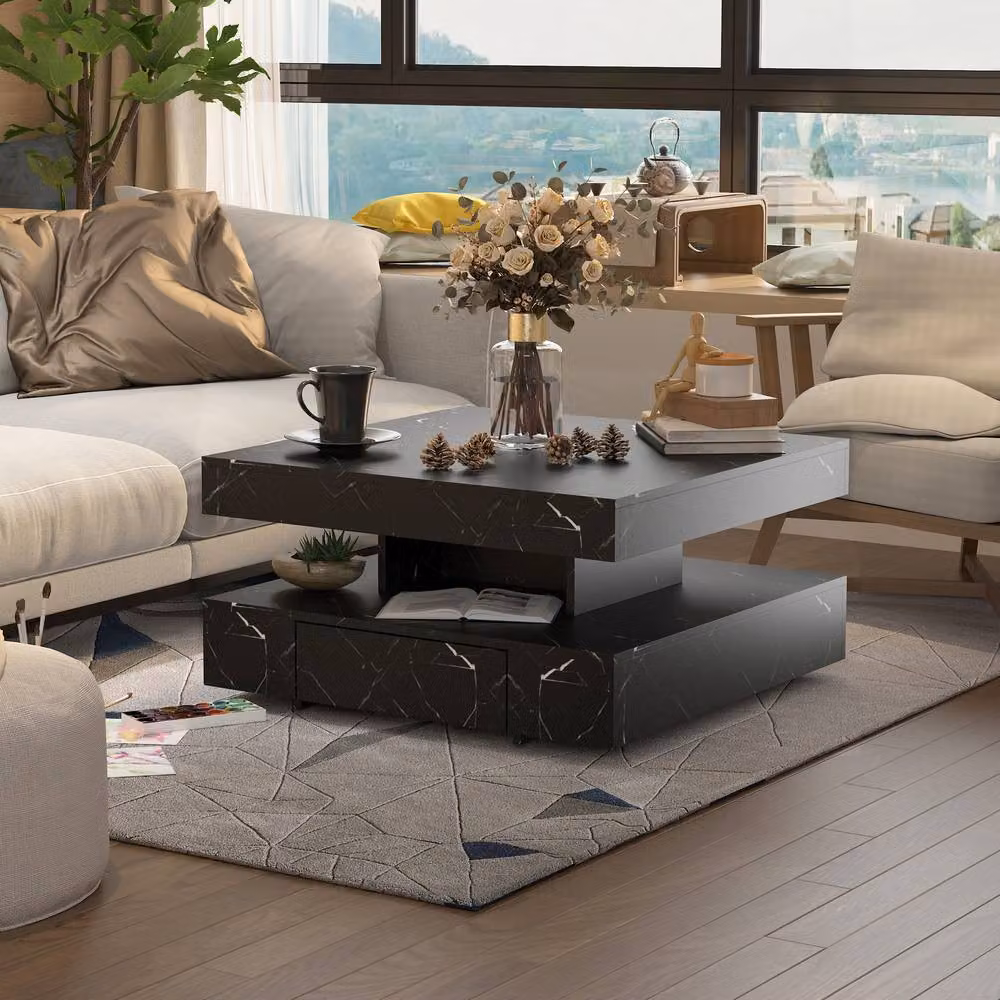 KEEPREAPER Modern Sleek LED Coffee Table with 2 Storage Drawers in Black Marble Finish – 7