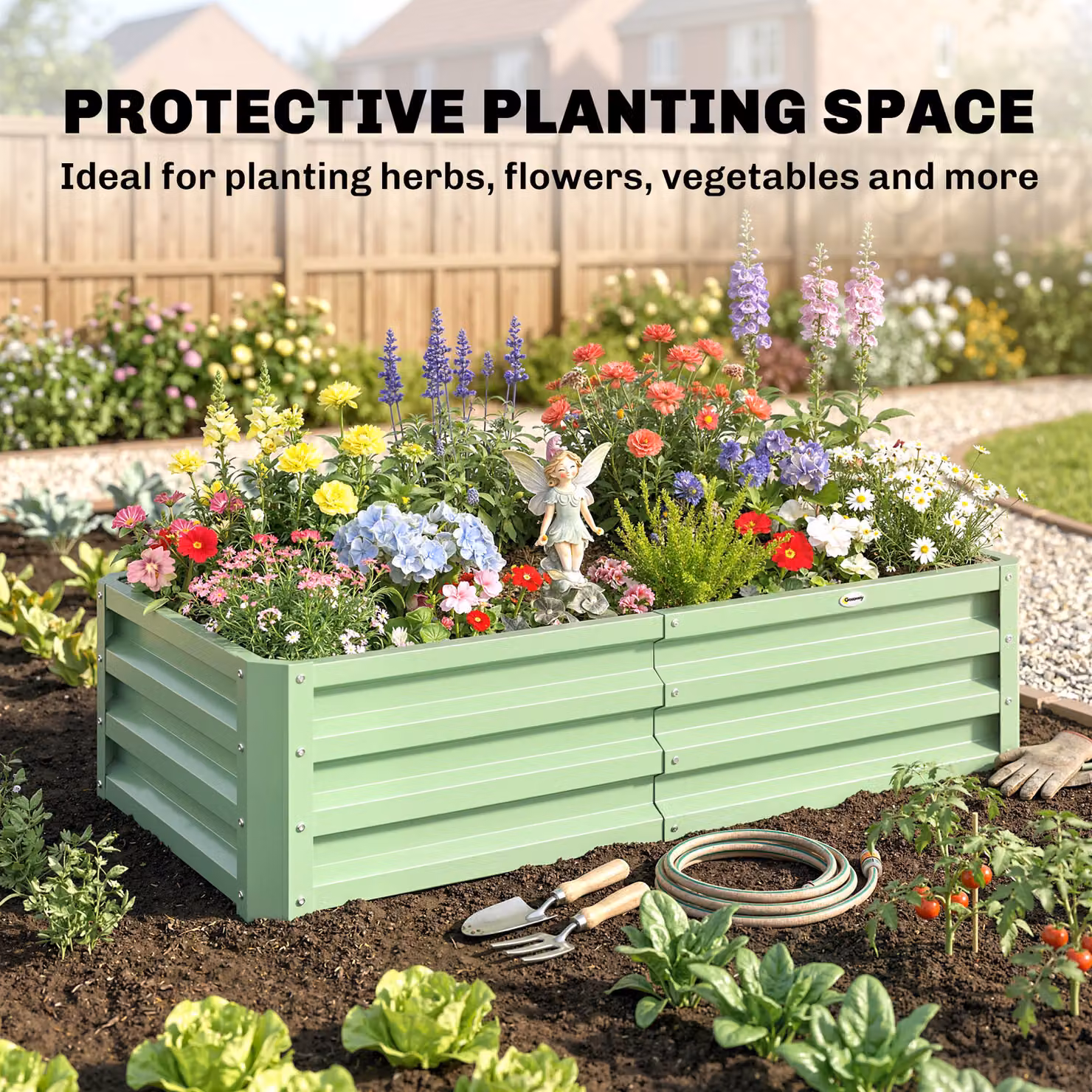 Outsunny Galvanised Steel Raised Garden Beds in Green for Herbs and Vegetables, W/D/H: 60 x 60 x 30.5 cm – 6