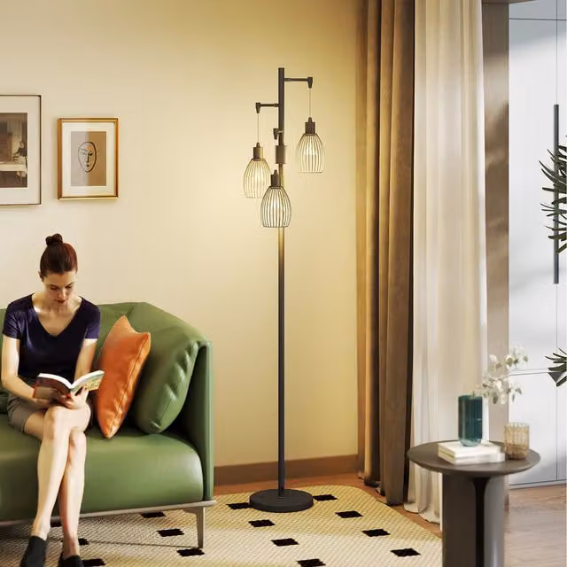 HOMCOM Dimmable 3-Light Industrial Floor Lamp in Black