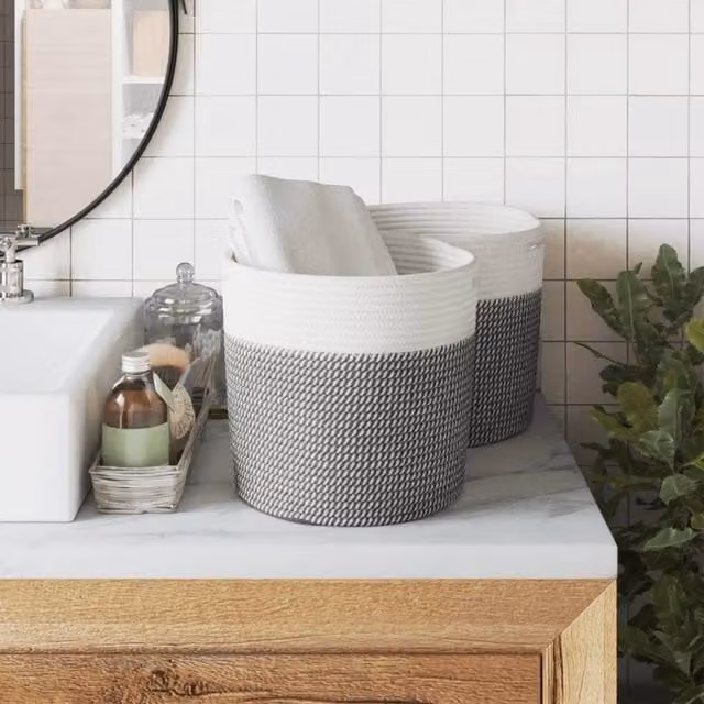 Berkfield Home Storage Baskets, 2 Pack, Grey and White Cotton, W/D/H: 28 x 28 x 28 cm
