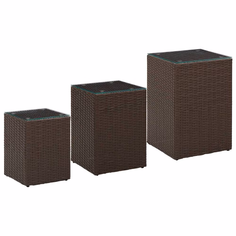 Berkfield Home Set of 3 Brown Poly Rattan Side Tables with Glass Tops – 2